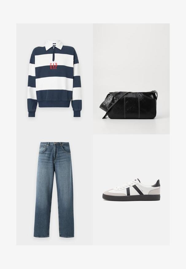 Sudadera de rayas en azul marino y blanco con cuello de cremallera, que presenta el logotipo bordado "GAP" en rojo en el centro. Tela suave, ajuste relajado.; Jeans de mezclilla azul de pierna recta con un lavado desgastado, que cuentan con un diseño de cinco bolsillos, botón de metal y presillas para cinturón. Tejido estructurado y de peso medio.; Zapatilla blanca con acentos en negro y gris, que presenta una puntera texturizada en gris, suela de goma negra y cordones planos blancos. Diseño limpio, estilo minimalista.; Bolso de hombro de cuero negro con cierre de cremallera, que presenta un cuerpo texturizado, costuras blancas y una correa con ojales plateados.