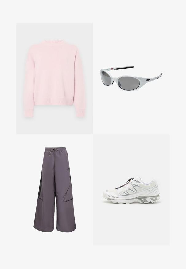 Maglione girocollo rosa chiaro con maniche lunghe e polsini, orlo e scollatura a coste, esposto su uno sfondo neutro.; Maglietta sportiva a maniche lunghe in tessuto bianco, con colletto rotondo e logo Adidas nero sulla spalla sinistra e sul lato.; Pantaloni larghi viola realizzati in tessuto leggero, con vita regolabile, tasche laterali, dettagli neri e logo.; Scarpa sportiva bianca con upper testurizzato, dettagli riflettenti e suola grigia. Presenta motivi triangolari accentuati e un sistema di lacci rapidi.; Occhiali da sole bianchi in plastica con grandi lenti ovali, leggermente grigie. Presentano gommature nere sulle orecchie e un piccolo logo sulla montatura. Finitura liscia.