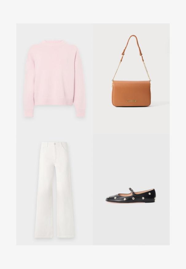 Světle růžový svetr s kulatým výstřihem a dlouhými rukávy, s žebrovanými manžetami, lemem a výstřihem, vystavený na prostém pozadí.; Bílé džíny s vysokým pasem a širokými nohavicemi vyrobené z denimové látky. Mají zapínání na knoflík, dvě přední kapsy a boční švy se švy.; Černé kožené baleríny typu Mary Jane s kulatou špičkou, zdobené stříbrnými kulatými nýty a nastavovacími popruhy se sponou.; Hnědá ramenní taška z syntetické kůže s hladkým povrchem, zlatým řetízkovým popruhem a embosovaným logem na přední straně. Obdélníkový tvar.