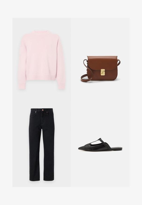 Lichtroze trui met ronde hals en lange mouwen, voorzien van ribgebreide manchetten, een zoom en een halslijn, gepresenteerd tegen een effen achtergrond.; Zwarte denim jeans met een recht model, vijf-pocket ontwerp, koperen knoopdetails en minimale zichtbare stiksels.; Zwarte leren slingback schoen met een puntige neus, voorzien van een gevlochten accent en geplooid ontwerp aan de bovenkant. Platte zool met minimale hardware.; Bruine leren handtas met een klep sluiting, gouden hardware, een schouderband en een gladde textuur. Compact rechthoekige vorm.