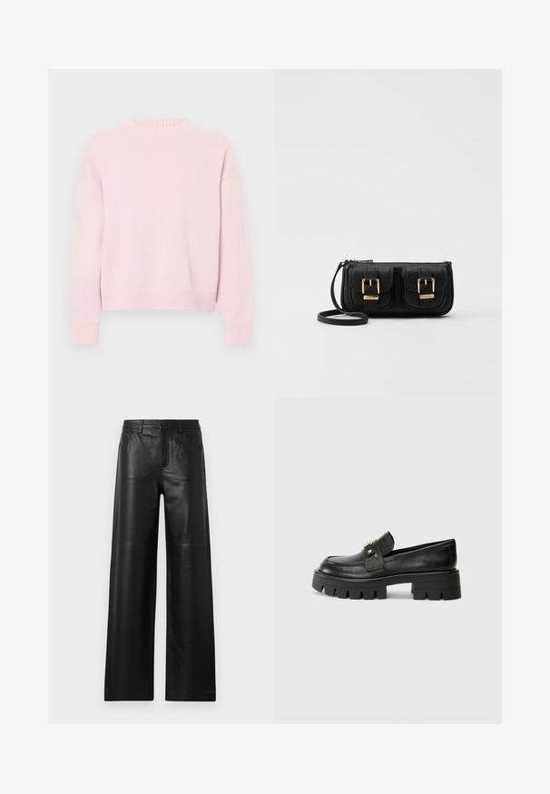 Light pink crewneck sweater with long sleeves and ribbed cuffs, hem, and neckline, displayed on a plain background.; Wide-leg black leather pants with a smooth texture, featuring front pockets, a button closure, and subtle stitching details.; Black leather loafers with a chunky sole, featuring a gold-tone accent on the front and a smooth finish. Chunky tread design on the sole.; Black leather crossbody bag with two front pockets, gold buckles, zipper closure, and a slim strap. Textured surface and compact rectangular shape.