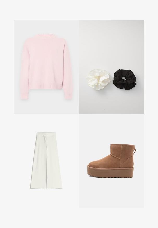 Lyserød sweatshirt med rund halsudskæring, lange ærmer samt ribbet manchetter, bund og halskant, præsenteret på en ensfarvet baggrund.; Bredde ben, hvide bukser lavet af blødt strikstof, med en elastisk talje og snøre for justerbar pasform. Glat tekstur, ingen mønstre.; Tan ruskinds ankelstøvle med platformssål, rund tå og syninger; har en løkke bagpå for nem påtagning.; To satin scrunchies, en hvid og en sort, med en bølget design og glat tekstur, præsenteret mod en ensfarvet hvid baggrund.