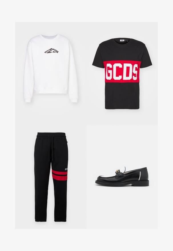 Hvid sweatshirt med rund hals, prydet med et sort "ICON" logo trykt på forsiden. Den har en afslappet pasform og ribbede manchetter ved ærmerne.; GCDS BAND LOGO REGULAR - T-shirts print - black; Sorte sweatpants med kontrastfarvede røde striber og logo på siden. Har elastisk talje med snøre og tætsiddende ankler.; Sort læder loafers med rund tå, hvide detaljer og guldbelagte metaldele på vamps. Har et struktureret patch og stablet hæl.