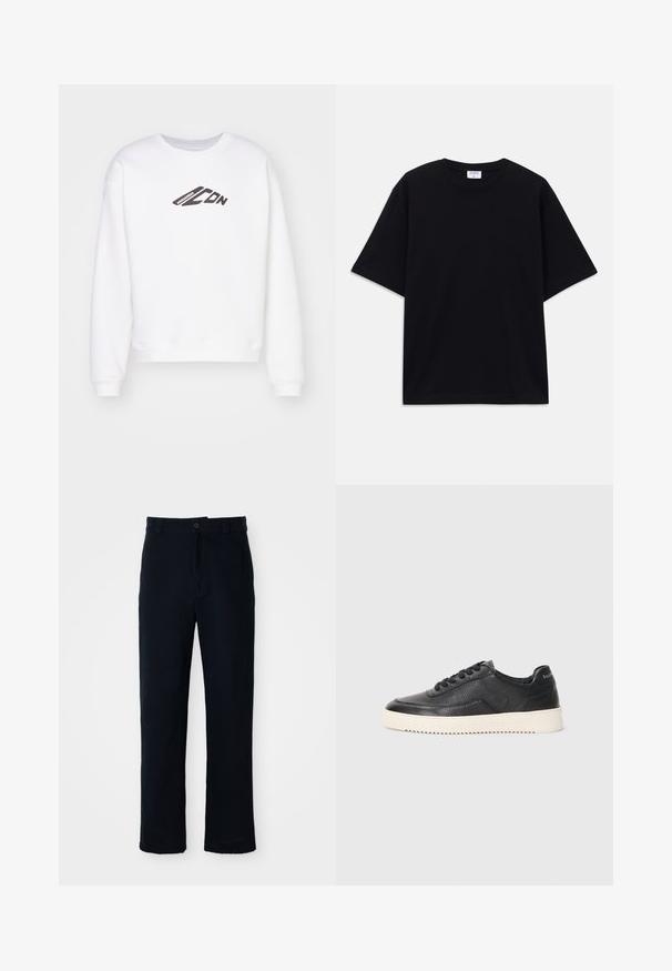 Sweat-shirt blanc à col rond, avec un logo "ICON" noir imprimé à l'avant. Il a une coupe décontractée et des poignets côtelés aux manches.; T-shirt noir à manches courtes oversize avec un col rond et une étiquette de marque Filippa K visible à l'intérieur du col.; Pantalon bleu marine en coton, avec une coupe droite, une fermeture à bouton à l'avant et une taille classique avec passants de ceinture.; Baskets en cuir noir avec finition texturée, bout rond et semelle plate en caoutchouc blanc. Présentent des lacets noirs et un logo sur le talon.