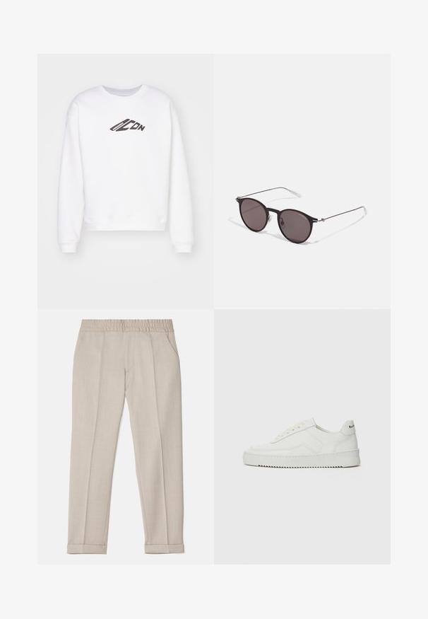 Hvid sweatshirt med rund hals, prydet med et sort "ICON" logo trykt på forsiden. Den har en afslappet pasform og ribbede manchetter ved ærmerne.; Filippa K TERRY CROPPED TROUSERS - Bukser - sage melange; Hvide lædersneakers med en glat overflade, rund tå, flade snørebånd og en tekstureret sål. Har et diskret logo på hælen.; Sorte runde solbriller med mørke linser og slanke metalarme. Inkluderer klare tempeltips og sølvdetaljer ved hængslet. Minimalistisk design.