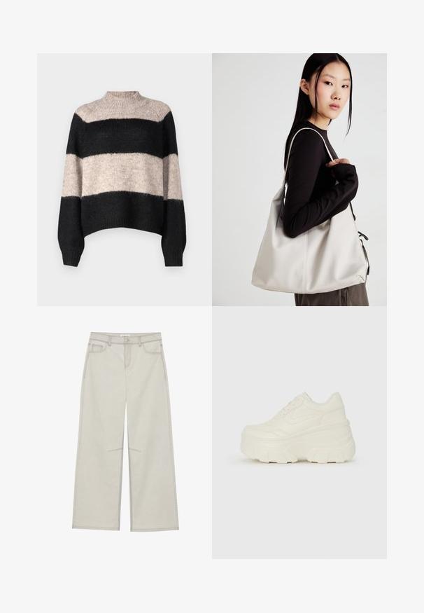 Sweater riscado com um colarinho alto, apresentando três faixas horizontais em preto e bege claro. Feito de um material de malha suave eTexturizada.; Calças largas de um cinza claro com cinco bolsos, fecho frontal com botão e costuras em contraste ao longo das emendas. O tecido parece suave e durável.; Tênis brancos de plataforma com um cabedal suave semelhante a couro, formato arredondado, colarinho acolchoado e sola de borracha texturizada com ranhuras bem definidas.; Uma bolsa bege feita de material macio, com um design descontraído, detalhes de costura e duas alças para o ombro. Adequada para uso diário.