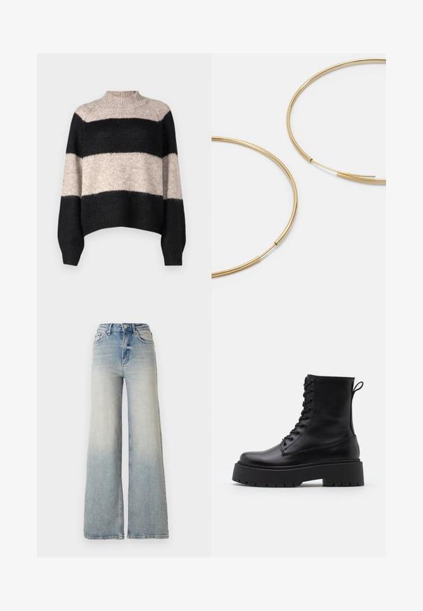 Svītrota džemperis ar augstu kaklu, ar trim horizontālām joslām melnā un gaiši bēžā krāsā. Izgatavots no mīksta, teksturēta dzijas materiāla.; Gai zilu platā kāja džinsi, kas izgatavoti no denima, ar augstu jostasvietu, piecām kabatām un redzamu dūrienu gar šuvēm.; Melni ādas potītēm zābaki ar apļveida purngalu, auklām priekšpusē un biezu gumijas zoli ar teksturētu protektoru. Velkšanas cilpa aizmugurē.; Zelta krāsas auskari gredzena formā, plāni un apaļi, ar gludu metāla apdari un bez rotājumiem vai zīmējumiem.