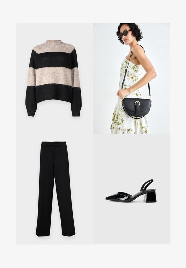 Gestreifter Pullover mit hohem Kragen, der drei horizontale Streifen in Schwarz und Hellbeige aufweist. Hergestellt aus einem weichen, strukturierten Strickmaterial.; Schwarze, weit geschnittene Hosen aus glattem Stoff, mit einem klassischen Taillenbund und einem Knopfverschluss sowie vorderen Falten.; Schwarze Lackleder-Slingback-High Heels mit spitzem Schuh und einem geometrischen Blockabsatz. Verfügt über ein schlankes, minimalistisches Design und eine glatte Textur.; Schwarze Lederhandtasche mit geschwungener Form, abnehmbarem Tragegurt und goldenen Beschlägen. Die Tasche verfügt über einen Deckel mit einer Schnallen-Details.
