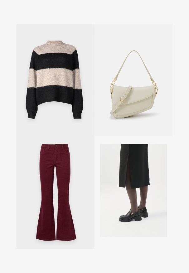 Črtasta pulover s visokim ovratnikom, ki ima tri horizontalne pasove v črni in svetlo bež barvi. Narejen je iz mehkega, teksturiranega pletenega materiala.; Burgundske kordurojske hlače s širokimi hlačnicami, petimi žepi, sprednjim zapiranjem na gumb in teksturirano tkanino. Široke noge se razširijo od kolena do roba.; Črne usnjene čevlje s zaobljenim prstom, debelim blokastim petama in elastičnimi stranskimi detajli, v kombinaciji s temno nogavicami in črno krilo z razporkom.; Mala kremna torbica z teksturiranim zaključkom, dolgim nastavljivim trakom, verižnim poudarkom in zapiranjem na poklop. Detajli iz zlatega kovinskega materiala.