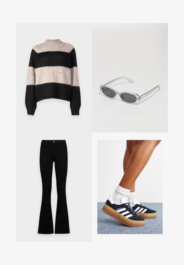 Pruhovaný svetr s vysokým límcem, který má tři horizontální pruhy v černé a světle béžové barvě. Vyrobeno z měkkého, texturovaného pleteného materiálu.; Černé vysoké džíny s knoflíkem a zipovým zapínáním, předními kapsami a rozšířenými nohavicemi, ležící na bílé podložce.; Černé semišové tenisky s bílými pruhy a detaily, zaoblenou špičkou, podrážkou z gumy barvy žvýkačky, doplněné bílými žebrovanými ponožkami ke kotníkům.; Sluneční brýle s oválným tvarem, průhledným plastovým rámem, tmavě šedými skly a tenkými průhlednými stranami s akcenty loga a minimálními detaily.