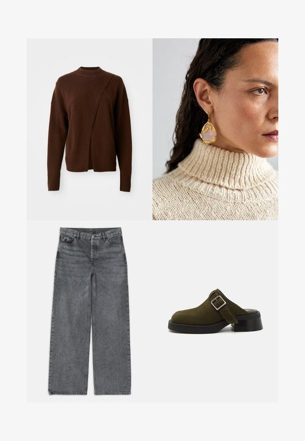 Pull en tricot marron avec un col et des poignets côtelés. Présente un design asymétrique et un devant fendu pour une coupe décontractée.; Jeans large en denim gris foncé. Comprend une taille haute, un design à cinq poches et une fermeture à bouton à l'avant. Texture lisse avec un léger dégradé.; Mule en daim vert olive avec un petit talon noir épais. Dispose d'une sangle latérale avec une boucle en argent pour le réglage. Texture lisse dans l'ensemble.; Des boucles d'oreilles dorées présentent un design de feuille avec une pierre de quartz rose en forme de goutte. Portées avec un pull à col roulé côtelé crème.