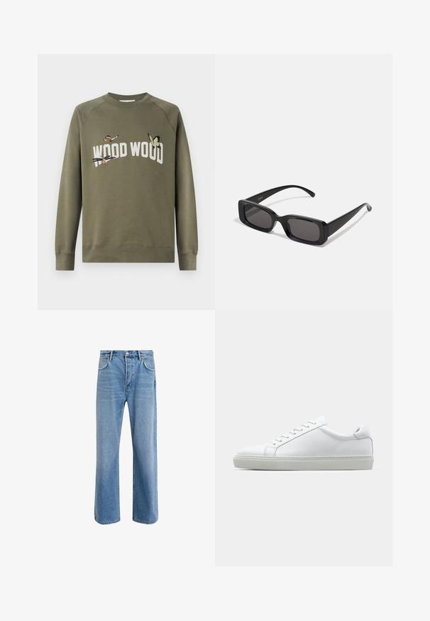 Maslinasto zeleni dukserica s okruglim izrezom i raglan rukavima. Sadrži izvezene leptire i natpis "WOOD WOOD" u bijeloj boji.; Svijetloplave traperice s ravnim nogavicama, pet džepova, zatvaranjem na gumb, minimalnim izbljeđivanjem i kontrastnim šavovima.; Bijela tenisica s glatkim kožnim gornjim dijelom i niskim profilom. Ima zaobljen vrh, šest rupica za vezanje i teksturiranu gumenu podlogu.; Crne pravokutne sunčane naočale s tamnim lećama, sjajnim završetkom, širokim drškama i masivnim okvirom. Ugraviran naziv branda na jednoj dršci.