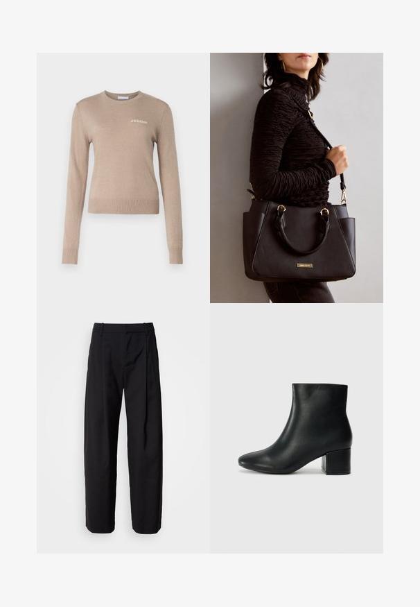 Beige knit sweater with long sleeves, round neckline, ribbed hem and cuffs, features subtle white "2ND DAY" logo on the chest.; Black trousers with a relaxed fit, pleated front, and belt loops. Smooth fabric and straight legs, featuring side pockets.; Black leather ankle boots with a pointed toe and a chunky heel. Smooth texture with minimal accents and a sleek, fitted design.; Black handbag with textured surface, dual top handles, and adjustable shoulder strap. Features gold-tone hardware and side pockets.