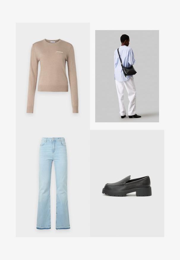 Pulover tricotat bej, cu mâneci lungi, decolteu rotund, tiv și manșete cu model în relief, are un logo subtil alb "2ND DAY" pe piept.; Jeanși evazați de culoare bleu deschis, fabricați din denim, cu talie înaltă, buzunare frontale și margini brutale la mansete pentru un look casual.; Mocasini din piele neagră, cu vârf rotunjit, talpă groasă texturată și detalii minimale de cusătură. Design elegant, fără șireturi sau accesorii vizibile.; Geantă de umăr din piele neagră cu o textură moale, formă triunghiulară și curea ajustabilă, asortată cu o bluză cu dungi albastre deschise și pantaloni albi.