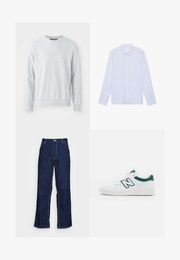 Hanorac gri deschis dintr-un material moale, cu guler rotund, mâneci lungi și manșete și tivuri cu nervuri. Textură netedă cu un design minim.; Cămașă cu dungi albastre deschise, cu mâneci lungi și nasturi. Prezintă o guler tradițional, nasturi albi și un material neted dintr-un amestec de bumbac.; Pantaloni din denim de colorare albastru închis, cu picioare largi, având talie înaltă, buzunare frontale și cusături albe contrastante pe lateral.; Adidași albi cu accente verzi, superior din piele, vârf perforat, închidere cu șireturi și talpă din cauciuc texturat. Prezintă un logo proeminent "N".
