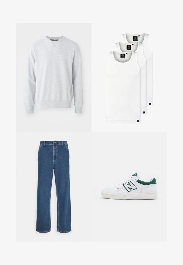 Lys grå sweatshirt lavet af blødt stof, med rund hals, lange ærmer og ribstrikkede manchetter og kant. Glat tekstur med minimalistisk design.; Tre hvide ribbede tanktops lavet af bomuld. Har en rund hals og små sorte mærker nær sømmen. Fås i flere størrelser.; Blå denimjeans med lige pasform, fem-lomme design, metalknaplukning og synlig syning langs søm og kant.; Hvide sneakers med grønne detaljer, læderoverdel, perforeret tå, snørelukning og struktureret gummisål. Har et fremtrædende "N" logo.