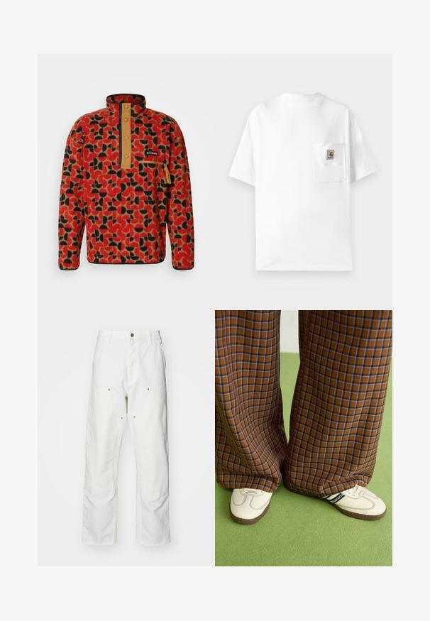 Columbia HELVETIA - Vesta od flisa - sail red; Bijela pamučna majica s okruglim izrezom, kratkim rukavima i džepom na prsima s logotipom. Minimalistički dizajn i bezšavna tekstura.; Bijele pamučne cargo hlače s opuštenim krojem. Značajke uključuju prednje džepove, zlatne detalje i ojačane dijelove koljena.; Smeđe i plave karirane široke hlače uparene s bijelim cipelama s crnim akcentima i teksturiranim potplatom, na zelenoj pozadini.
