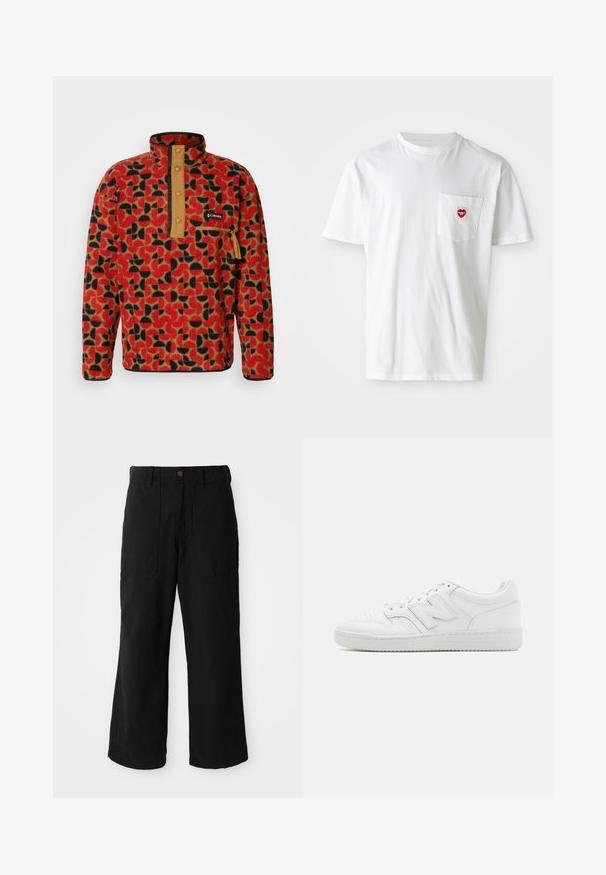 Columbia HELVETIA - Fleecetrøjer - sail red; Hvid bomulds T-shirt med rund halsudskæring og korte ærmer. Har et lille rødt hjerte-logo på venstre brystlomme.; Sorte vide benbukser lavet af blødt stof, med frontlommer og en knaplukning i taljen. Minimalistisk design uden synlige mønstre.; Hvide sneakers lavet af glat læder, med perforeret tå, en tekstureret gummisål, flade snørebånd og et fremtrædende 'N' logo på siden.