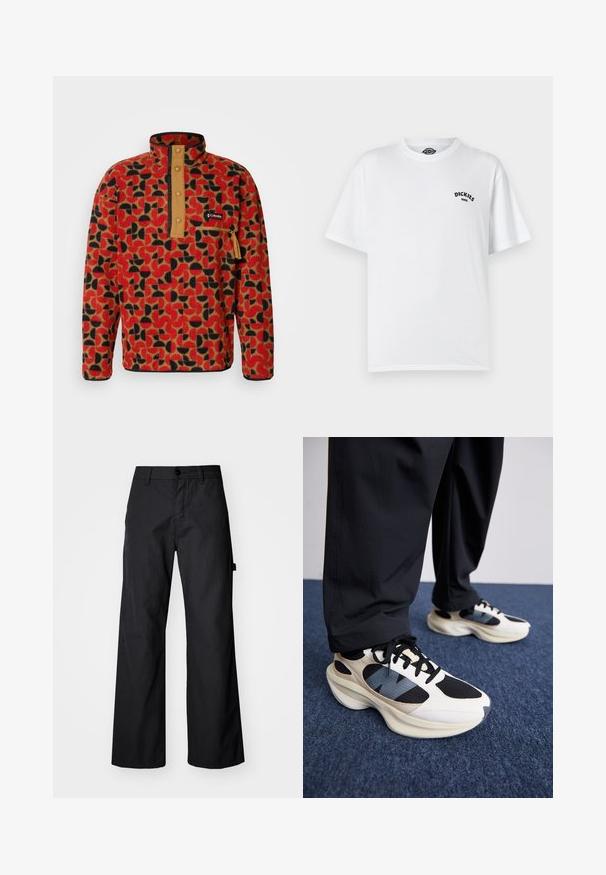 Columbia HELVETIA - Fleece trui - sail red; Witte katoenen t-shirt, korte mouwen, ronde hals, bevat zwart "Dickies" logo op de linkerkant van de borst. Gladde textuur, ontspannen pasvorm.; Zwarte, wijde broek gemaakt van duurzaam materiaal. Voorzien van een knoopsluiting en zijzakken. Glad textuur met een strakke uitstraling.; Witte en zwarte sneakers met textuur overlays en een blauwe accent, voorzien van een chunky zool en zwarte veters, gecombineerd met een zwarte broek.