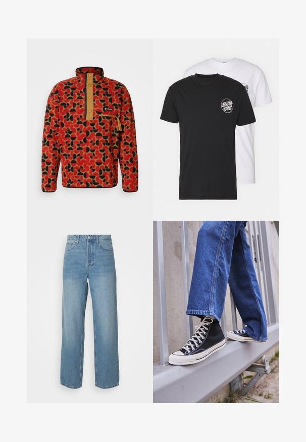 Columbia HELVETIA - Fleecová mikina - sail red; Balení dvou triček: jedno černé, jedno bílé. Obě mají krátké rukávy a kulaté logo na hrudi v kontrastní barvě. Bavlněný materiál.; Světle modré džíny s vysokým pasem, rovnými nohavicemi, předním zapínáním na knoflík a pěti kapsami na jednobarevném pozadí.; Černé vysoké tenisky s bílou podrážkou a tkaničkami, v kombinaci s volnými modrými džíny, odpočívající na šedém zábradlí.