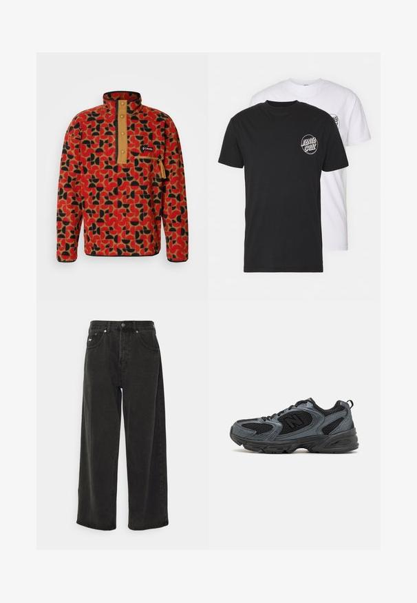 Columbia HELVETIA - Flísová bunda - sail red; Balenie dvoch tričiek: jedno čierne, druhé biele. Obe majú krátke rukávy a na hrudi sa nachádza kruhové logo v kontrastnej farbe. Bavlnený materiál.; Obey Clothing BIGWIG BAGGY - Džínsy baggy - black; Čierne a šedé atletické topánky s textúrovanou sieťovinou, gumovou podrážkou a podporujúcim dizajnom. Obsahujú logo a systém šnurovania.