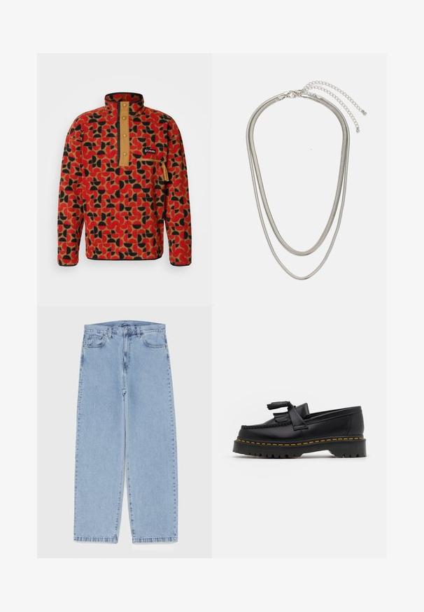 Columbia HELVETIA - Fleecetrøjer - sail red; Hvid langærmet T-shirt lavet af bomuld. Rund halsudskæring med ribbede manchetter og et lille logo på venstre ærme. Glat tekstur.; Lyseblå denimjeans med straight leg-design, der har en mid-rise talje, fem lommer og en lukning med knap og lynlås.; Sort læderloafer med en frynsedetalje, der har en kraftig sort sål og gul syninger langs kanten. Teksturert overflade.; Tre-lags sølvmetal halskæde med slanke, flexible kæder med en let glans, sikret med en hummerlås og justerbar kæde.