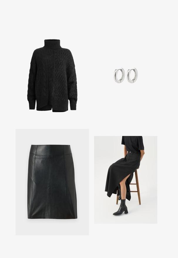 Juodas megztinis su aukštu golfo apykakle, turintis tekstūrinį raštą ir nuleistus petį; šoninės plyšiai apačioje suteikia komforto ir patogumo.; Juodas odinis sijonas su prigludusia forma. Sklandžiai tekstūra, siūlės apibrėžiančios formą ir tiesus apvadas. Minimalistiškas ir elegantiškas išvaizda.; Juoda lininė maksi sijonas su aukštu plyšiu, vilkimas su juodu marškinėliu ir juodais aulinukais. Minimalistinis dizainas su laisvu siluetu.; Sidabriniai auskarai su poliruotu paviršiumi, turintys apvalią dizaino formą ir be siūlių vyriukus, rodantys lygų paviršių.