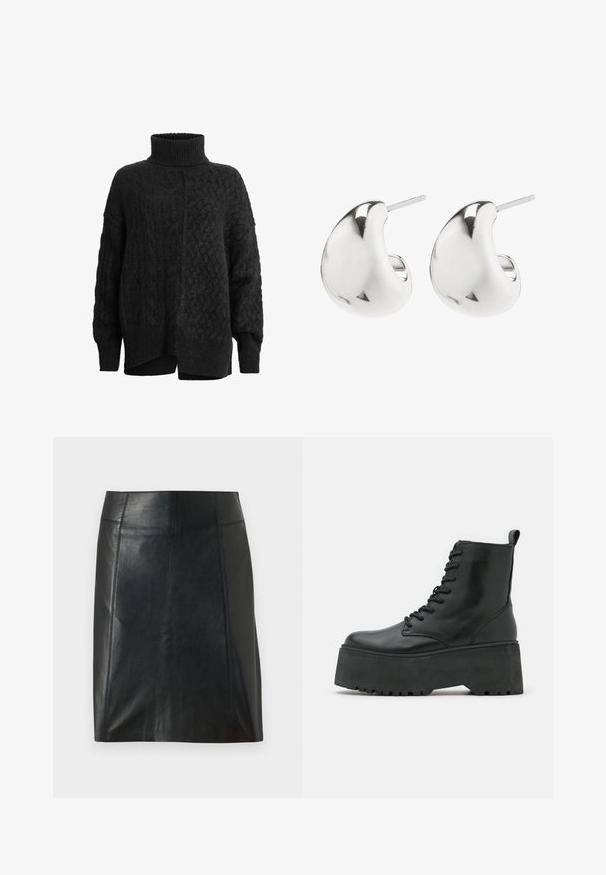 Czarny sweter z dzianiny z wysokim golfem, z teksturowanym wzorem i opadającymi ramionami; boczne rozcięcia u dołu zwiększają komfort i dopasowanie.; Czarna skórzana spódnica o dopasowanym kroju. Gładka tekstura, szwy podkreślające kształt i prosty dół. Minimalistyczny i elegancki wygląd.; Czarne botki do kostki z grubą platformą, wykonane z gładkiej skóry, z sznurowanym zapięciem i pętelką z tyłu.; Srebrne kolczyki w kształcie studów o gładkim, zaokrąglonym wzorze. Posiadają wypolerowane wykończenie oraz zapięcie w formie sztyftu, zapewniające bezpieczeństwo noszenia.