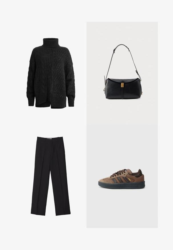 Schwarzer Strickpullover mit hohem Stehkragen, der ein strukturiertes Muster und überschnittene Schultern aufweist; seitliche Schlitze am Saum erhöhen den Komfort und die Passform.; Schwarze maßgeschneiderte Hosen mit geradem Bein, doppelten Falten, glatter Textur und dezenten Vordernahtdetails.; Brauner Wildleder-Sneaker mit dunkelbraunen Akzenten, drei schwarzen Streifen, strukturierter Gummisohle, abgerundeter Zehenpartie und gepolstertem Schaftrand.; Schwarze Lederhandtasche mit einer strukturierten Form, ausgestattet mit einem goldenen Verschluss und einem abnehmbaren Schultergurt. Glatte Textur und minimales Design.