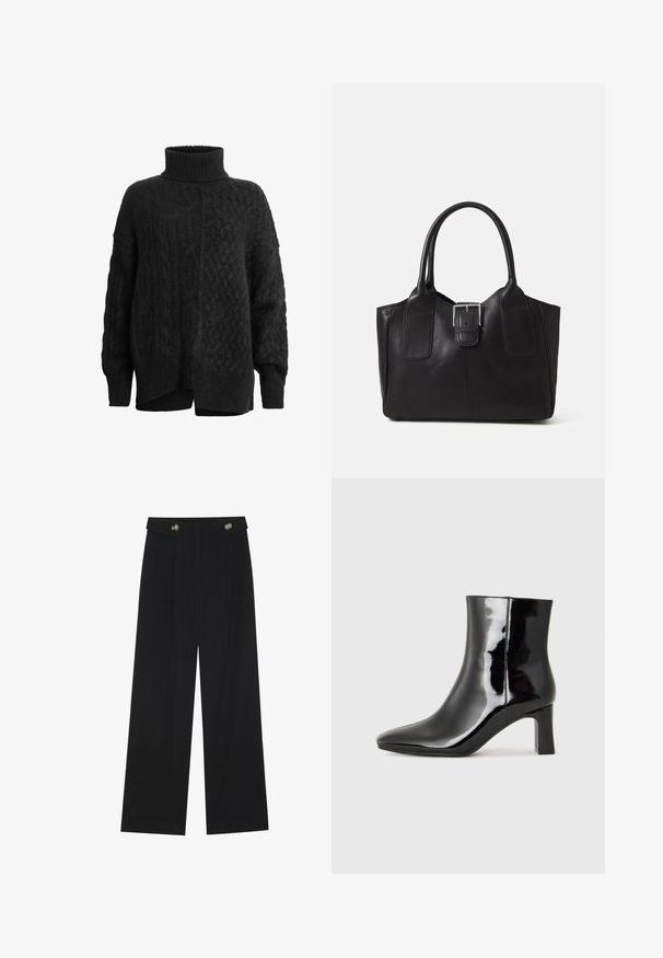 Svart strikket genser med høy hals, med et strukturert mønster og senkede skuldre; sidesplitter i nederste kant forbedrer komfort og passform.; Svart vide bukser med høy midje, knappdetaljer på midjebåndet og frontplisser.; Sorte patentlær ankle boot med spiss tå og en mellomhøy blokkhelt. Glatt tekstur og minimalistisk design.; Svart skinn toteveske med jevn tekstur, strukturert form, to håndtak og en fremtredende sølvspenne foran.