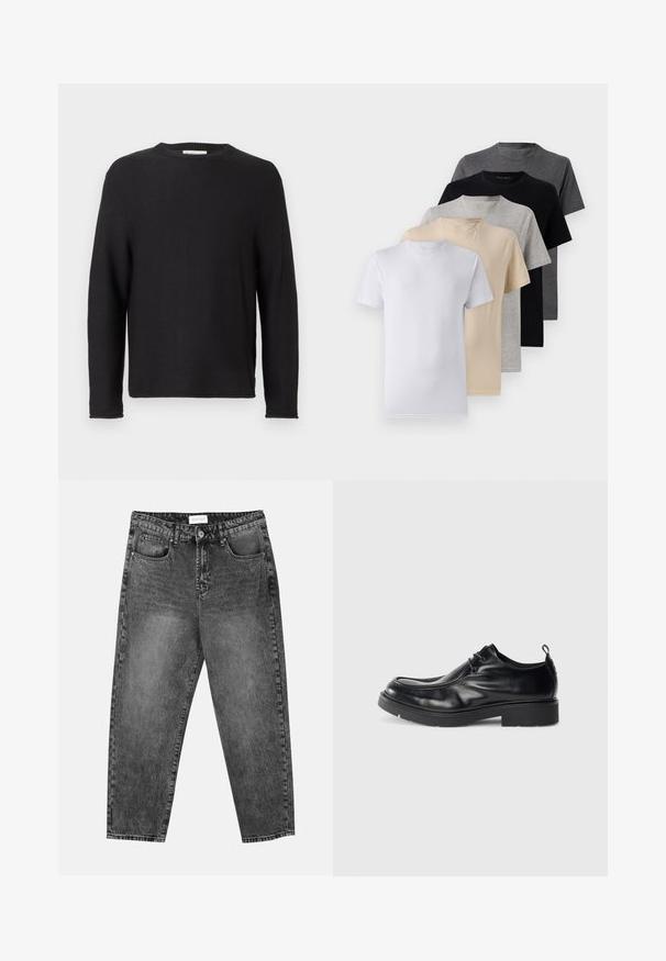 Black knitted sweater with a crew neckline and long sleeves. Features ribbed texture and stitched hems, with a label at the neckline.; Set of five short-sleeve t-shirts in white, beige, light gray, dark gray, and black. Made of smooth cotton, featuring crew neck design.; Black washed straight-leg jeans with front and back pockets, belt loops, and a button closure at the waist.; Black leather dress shoe with rounded toe, lace-up front, and a decorative seam. Features a thick, textured rubber sole and a heel tab.