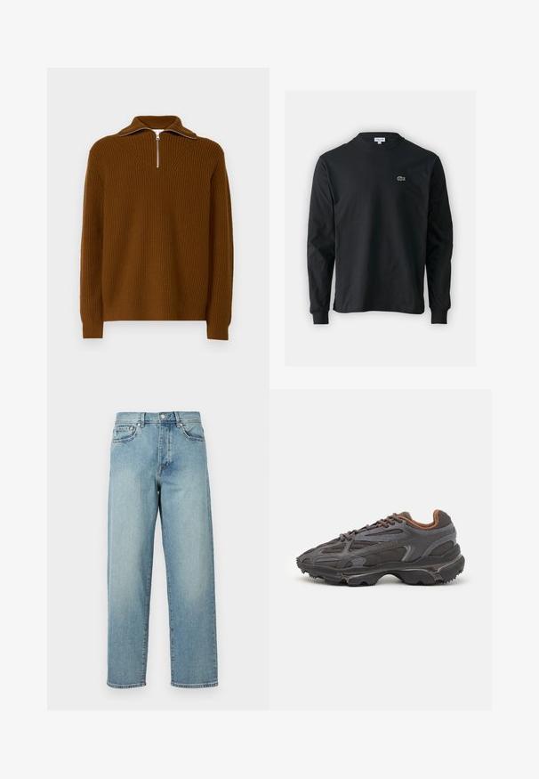Ruskean raidoitettu neulepaita, jossa on korkea kaulus puolivetoketjulla, teksturoitu neulekuvio ja pitkät hihat ribbireunuksilla.; Musta pitkähiha t-paita, joka on valmistettu puuvillasta. Paita on varustettu pyöreällä kaula-aukolla ja vasemmassa rinnassa on pieni vihreä brodeerattu krokotiililogo.; Vaaleansiniset farkut, joissa on löysä malli, suorat lahkeet, viisi taskua ja nappikiinnitys vyötäröllä. Minimalistinen ommel yksityiskohta.; Lacoste-tennar i mörkgrått med nät- och syntetmaterial, med en texturerad sula och bruna accenter på kragen och märket.