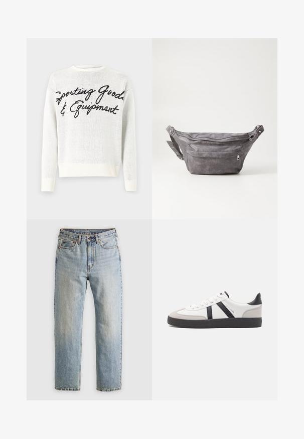 Fehér kötött pulóver, melynek elején fekete írásos szöveg található: "Sportfelszerelés és Eszközök", kerek nyakkivágással és bordázott mandzsettákkal.; Világoskék farmernadrág magas derékkal, elülső gombbal, cipzárral és öt zsebbel, sima háttérre fektetve.; Fehér sneaker fekete és szürke részletekkel, textúrált szürke orr résszel, fekete gumitalppal és lapos fehér fűzőkkel. Tiszta dizájn, minimalista stílus.; Szürke velúr övtáska kerek formával, két cipzáras rekesszel és állítható pánttal. Fém dekorációval rendelkezik.