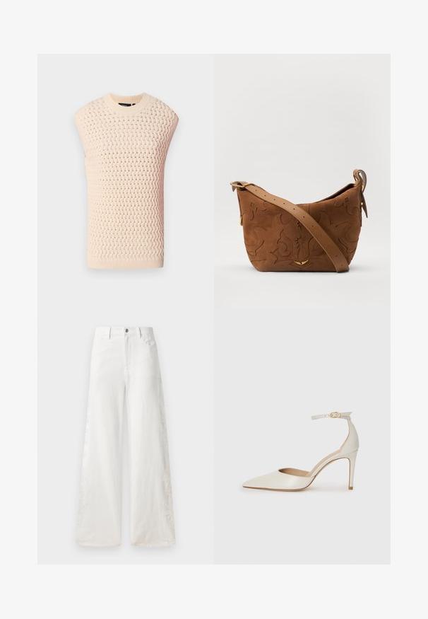 Ärmelloses Strickoberteil in hellbeige, mit strukturiertem Webmuster, geripptem Hals- und Saumabschluss, gerader Silhouette und offenen Seiten.; Weiße, weit geschnittene Jeans aus Denim mit seitlichen Stickmustern und traditionellem Fünf-Taschen-Design. Reißverschluss mit Knopf.; Weiße Leder-Pumps mit spitz zulaufender Zehe, Knöchelriemen und schlanker Stiletto-Absatz. Glatte Oberfläche mit dezent glänzendem Finish.; Braune Wildleder-Schultertasche mit geprägtem floralen Design, ergänzt durch einen glatten braunen Ledertrageriemen und goldfarbenen Hardware-Akzenten.