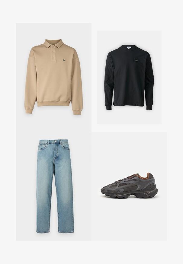 Lacoste Bluză de molton - viennese; Tricou negru cu mânecă lungă, realizat din bumbac, cu un guler rotund și un mic logo brodat cu un crocodil verde pe partea stângă a pieptului.; Blugi din denim de un albastru deschis, cu o croială lejeră, picioare drepti, design cu cinci buzunare și închidere cu nasture la talie. Detaliu de cusătură minimalist.; Adidași Lacoste de culoare gri închis, din material mesh și sintetic, cu o talpă texturată și accente maronii pe guler și branding.