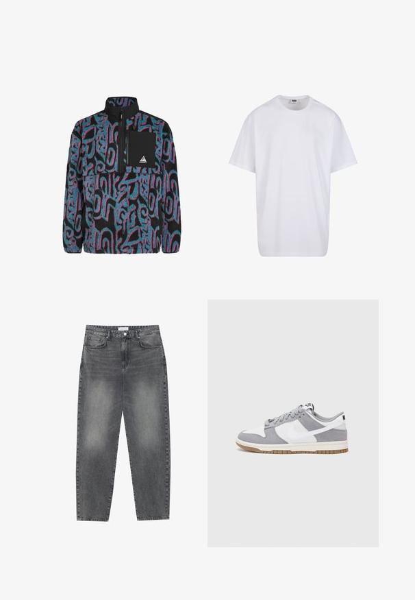 Fleecni pulover v črni barvi, ki se ponaša z vrtinčastimi vzorci v turkizni in roza barvi. Vsebuje zadrgo na prsnem žepu in visok ovratnik.; Bela bombažna majica s kratkimi rokavi, okroglim izrezom, sproščenim krojem in brez vidnih logotipov ali vzorcev. Gladka tekstura in minimalen dizajn.; Visoko pasovi, široke kavbojke iz obledelog črnega denima. Imajo pet žepov, zanke za pas in čisto, ravno obliko nog. ; Sive in bele teniske s suknim in usnjem zgornjim delom, zaobljenim nosom, ravnimi vezalkami in gumijastim podplatom z dodatkom gumijaste barve.