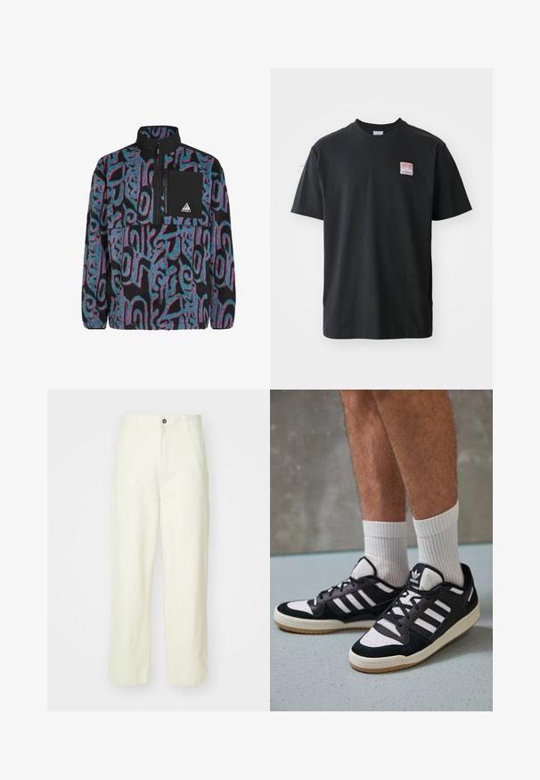 Crna flis majica s uzorcima koji se vrte u tirkiznoj i ružičastoj boji. Ima džep s patentnim zatvaračem na prsima i visoki ovratnik.; Crna pamučna majica s okruglim izrezom, kratkim rukavima i malom obojenom etiketom na lijevoj strani prsiju na kojoj piše "SUPERIOR."; Svijetložute pamučne hlače ravnog kroja, s prednjim zatvaranjem na gumb, petljama za remen i čistim, minimalističkim dizajnom.; Crne i bijele tenisice s gornjim dijelom od antilopa i kože, s tri bijele pruge, perforiranim prstom i gumiranim potplatom.