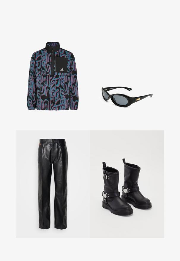 Fleece-pullover i sort med swirlede mønstre i turkis og pink. Inkluderer en lynlåslomme på brystet og høj krave.; Sorte læderbukser med lige ben design. Funktioner inkluderer knaplukning og forlommer, der fremhæver en glat tekstur og minimal syning.; Sorte læder ankelstøvler med en robust sål, der har en sidebåndsrem og dekorativ hardware. Glat overflade med et trækstrop.; Sorte solbriller med ovale linser, mat stel og et guldsmykke på stængerne. Mørkegrå linser tilbyder UV-beskyttelse.