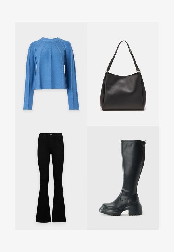 Object OBJSADIE LS RE E AW FAIR - Strickpullover - riverside; Schwarze hochtaillierte Jeans mit einem Knopf- und Reißverschluss, Fronttaschen und ausgestellten Beinen, flach auf einem weißen Hintergrund ausgelegt.; Hoher schwarzer Lederstiefel mit einer robusten Plateausohle und Blockabsatz, der über eine Zuglasche und ein strukturiertes Profil an der Außensohle verfügt.; Schwarze Handtasche aus synthetischem Leder mit weicher Textur, Hobo-Form und doppelten Schulterriemen; zeichnet sich durch ein glänzendes Finish und minimalistisches Design aus.