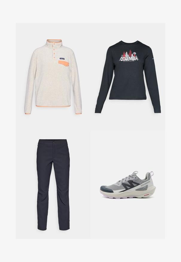 Gaiši pelēks flīsa džemperis ar oranžu apkakli, pogām un kabatu. Iezīmējas ar faktūrētu audumu un Patagonia logo uzšuvumu.; Tumšs pelēks krekls ar garām piedurknēm, ar grafiku, kurā attēloti sarkani koki un kalni; "COLUMBIA" logo treknā baltā tekstā. Mīksta auduma, standarta apaļa kakla izgriezums.; Navy zila bikses, kas izgatavotas no gludas auduma, ar priekšējo pogu aizdari, pieguļošu siluetu un krokām pie ceļgaliem.; Salomon skriešanas apavi pelēkā un jūras zilo krāsā ir aprīkoti ar elpojošu acu augšdaļu, gumijas pirkstu aizsargu un teksturētu zoli ar lavandas akcentiem.
