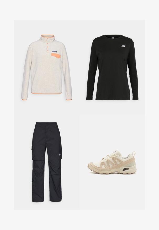 Fleece pullover i lys grå med en orange krave, knapper og lomme. Har et struktureret stof og et Patagonia-logo patch.; Sort langærmet t-shirt lavet af bomuld med rund hals. Har et lille hvidt logo på venstre brystområde. Enkel design og pasform.; Sorte nylon cargo bukser med lynlås, justerbare manchetter, flere lommer og et logo på højre ben. Glat, let tekstur.; Beige og creme atletiksko med struktureret mesh-overdel, støttende overlays og gummiyderside med et mønster for trækkraft.