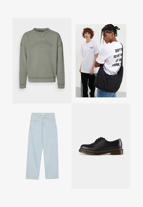Zelená fleecová mikina s rebrovanými manžetami a spodným lemom. Na prednej strane je embosovaný nápis "ALPHA INDUSTRIES" a švy majú surové okraje.; Svetlomodré široké džínsy vyrobené z denimu, s polovičným pásom, piatimi vreckami a zapínaním na gombík s úzkym kovovým detailom.; Čierna kožená topánka s okrúhlou špičkou, šnurovací dizajn, žlté prešívanie pozdĺž podrážky a masívna, textúrovaná gumová podrážka.; Čierna prešívaná taška na rameno s jemnou textúrou, ktorú nosí osoba v bielom grafickom tričku s tučným textom. Neformálny outfit s džínsami.