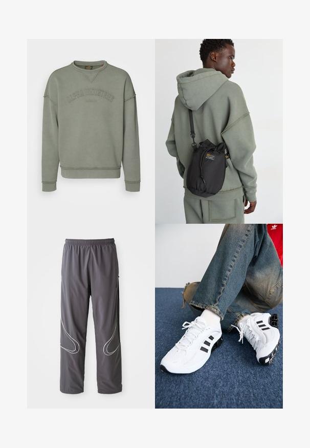 Vihreä fleecetakki, jossa on ribbaatut hihansuut ja helma. Edessä on "ALPHA INDUSTRIES" -nosteet teksti ja raakareunakäsittely saumoissa.; Miestne šedé atletické nohavice s elastickým pásom, so zipsom na vreckách a reflexnými bielymi akcentmi po stranách. Ľahký, hladký materiál.; Valkoiset verkkomateriaalista valmistetut urheilukengät mustilla yksityiskohdilla, joissa on teksturoitu muotoilu ja erottuva pohja, paritettu sinisten farkkujen kanssa.; Musta nyörihingolla varustettu laukku, joka on valmistettu kestävästä materiaalista, sisältäen logopatchin, käytetään rännättynä ristikkäin vaalean vihreän hupparin kanssa.; Metallinen ketjun kaulaketju, jossa on pitkänomaisia linkkejä tummassa metallinvärisessä sävyssä. Sisältää geometrisen koristeen ja klipsin, jossa on brändäysdetalji.