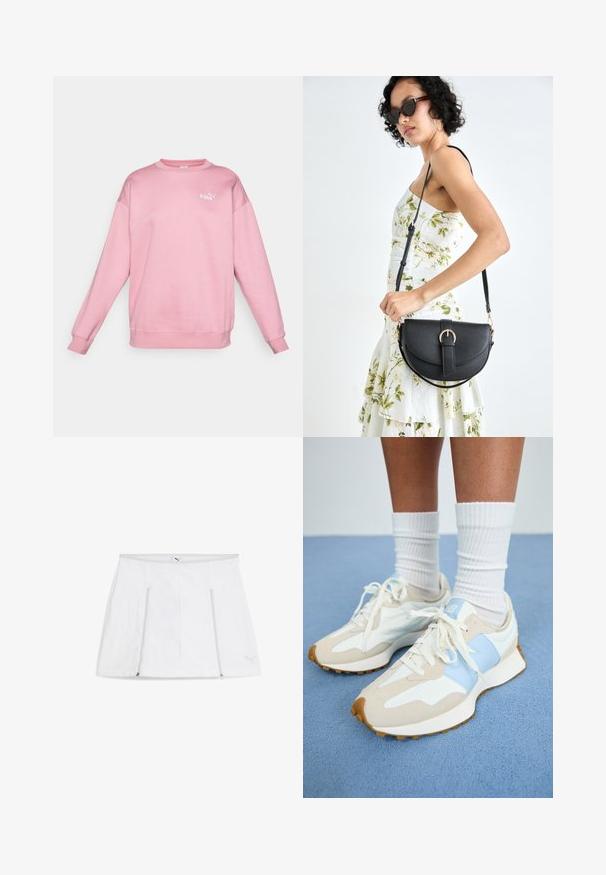 Sudadera rosa hecha de una tela suave con cuello redondo y mangas largas. Presenta un pequeño logo blanco en el pecho. Diseño simple.; Falda deportiva blanca con una cinturilla plana, bolsillos con cremallera a ambos lados y un detalle del logo en la parte inferior derecha. Tejido suave y ligero.; Zapatillas ligeras con un diseño en beige y azul claro. Presentan materiales de ante y malla, cordones blancos y una suela de goma texturizada.; Bolso de piel negra con forma curva, correa desmontable y herrajes dorados. El bolso cuenta con una solapa con un detalle de hebilla.