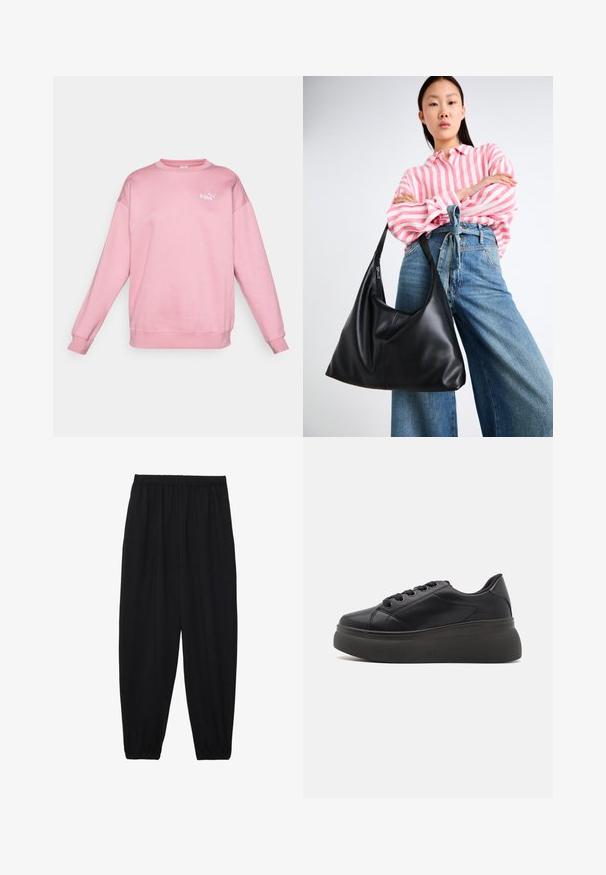 Rosa genser laget av mykt stoff med rund hals og lange ermer. Har en liten hvit logo på brystet. Enkel design.; Svarte, lette bukser med elastisk liv og rynkede ankler. Stoffet er glatt og har en avslappet, innsvingt design.; Svart sneaker med en glatt, syntetisk overdel, rund tå og seks snørehull. Har en tykk, teksturert såle for grep og støtte.; Svart skinn skulderveske med en avslappet form og sømdetaljer. Modellen har på seg en rosa og hvit stripete skjorte med vide blå jeans.