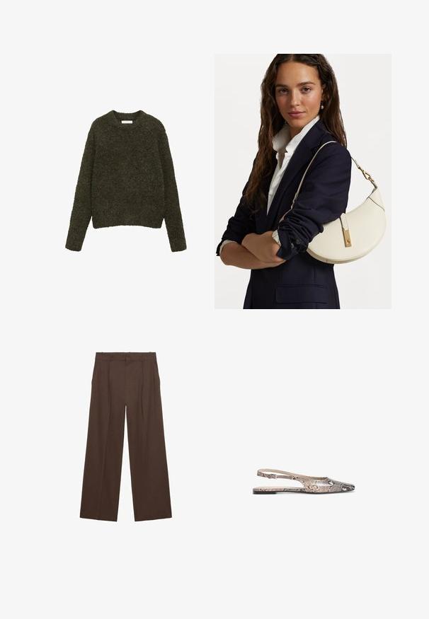 Mörkgrön, texturerad tröja med rundad halsringning och långa ärmar; mjukt garn med en lurvig känsla, kortad passform.; Bruna vida byxor tillverkade av ett mjukt tyg, med hög midja, framtida veck och två sidofickor.; Slingback-lägenheter med ett ormskinnsmönster i nyanser av beige och svart, med spetsig tå och en tunn ankelsnodd.; Vit läderhandväska med en böjd form, gyllene detaljer och en texturerad yta, bärs över en mörk blazer och vit skjorta.
