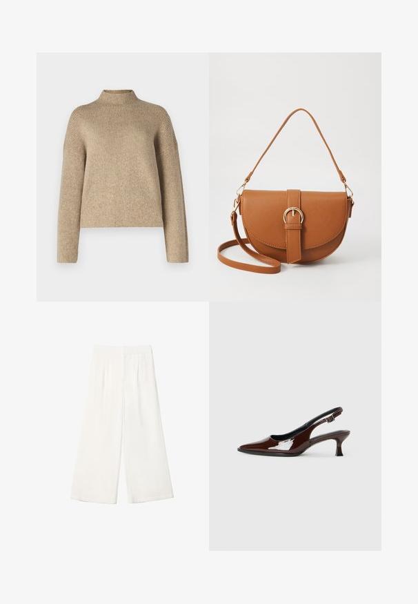 Beige rebrovaný sveter s vysokým golierom, spustenými rukávmi a dlhými rukávmi. Vyrobený z mäkkej, textúrovanej tkaniny s voľným strihom.; Biele široké nohavice vyrobené z hladkej látky. Majú plochý pás a vertikálne skladania pre zvýraznenie detailu.; Hnedá lakovaná slingback obuv s špicatou špičkou a mierne vysokým opätkom. Obsahuje pracku pre bezpečné upevnenie. Hladká textúra.; Hnedá kožená kabelka cez telo s zakriveným tvarom, zlatými kovovými doplnkami a akcentom s prackou. Obsahuje odnímateľný ramenný popruh.