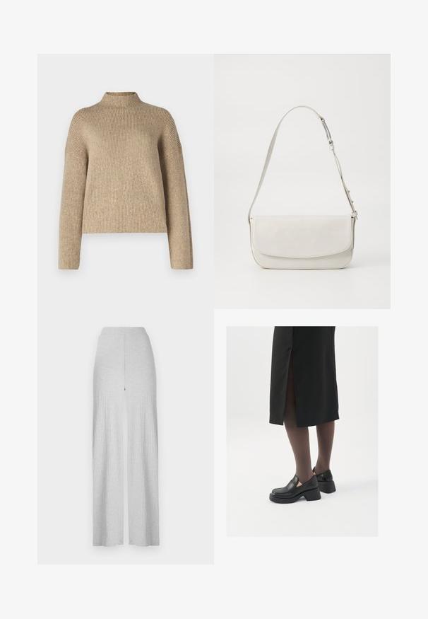 Pull en maille côtelée beige avec un col haut, des épaules basses et des manches longues. Fabriqué en tissu doux et texturé, avec une coupe décontractée.; Pantalons larges côtelés gris clair avec une taille haute et une fente avant. Fabriqués en tissu doux avec une texture lisse.; Chaussures noires en cuir avec un bout arrondi, un épais talon bloc et des accents latéraux élastiques, associées à des bas foncés et une jupe noire avec une fente.; Sac à épaule en cuir blanc avec une finition lisse, de forme rectangulaire, fermeture à rabat et une bandoulière réglable. Détails de couture simples.