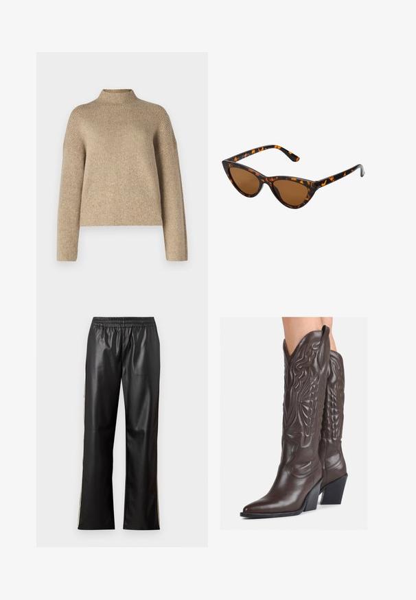 Bēšs ribota džemperis ar augstu kaklu, nokritušām pleciem un garām piedurknēm. Izgatavots no mīksta, teksturēta auduma, ar brīvu piegriezumu.; Melnas mākslīgās ādas bikses ar elastīgu jostasvietu, taisnas kājas dizainu un kontrastējošām sānu līnijām. Gluda tekstūra un minimālisma stils.; Brūni ādas kovboju zābaki ar norādītu purngalu un blokveida papēdi, ar detalizētu šūšanu un paceltiem akcentiem uz kājas daļas.; Kaķa acs saulesbrilles ar melnu un oranžu bruņurupuču rakstu rāmi, brūnām lēcām un elegantiem, norādītiem galiem. Rāmī ir minimālists logos uz tempļa.; Zelta auskari ar gludu, spīdīgu apdari. Apaļš dizains, kas ietver mazu tapu un caurspīdīgu pamatni drošai valkāšanai.