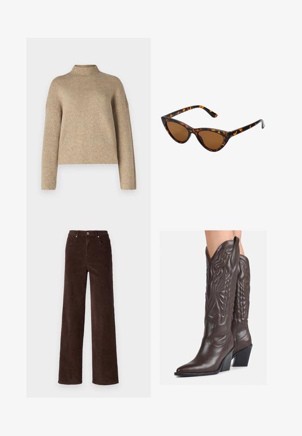 Smėlinis raukšlėtas megztinis su aukšta apykakle, nukritusiomis petnešomis ir ilgomis rankovėmis. Pagamintas iš minkštos, tekstūruotos medžiagos, su laisvu siluetu.; Vero Moda VMTESSA WIDE PANTS - Kelnės - chocolate torte; Rudos odinės kaubojaus batai su smailiu priekiu ir blokuotu kulnu, pasižymintys detaliu siuvinėjimu ir iškiliais akcentais ant ašies.; Katės akies saulės akiniai su juodu ir oranžiniu šarvuotu rėmeliu, ruda objektyvu ir elegantiškais, smailiais galiukais. Rėmelyje yra minimalus logotipas ant šventės.; Mažas kreminis rankinukas su tekstūruotu paviršiumi, ilga reguliuojama juostele, grandinėle ir užsegimu su atvartu. Aukso detalės.